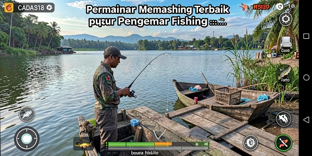 Screenshot gameplay <strong>CADAS138</strong> menunjukkan pengalaman memancing yang seru di lokasi indah.