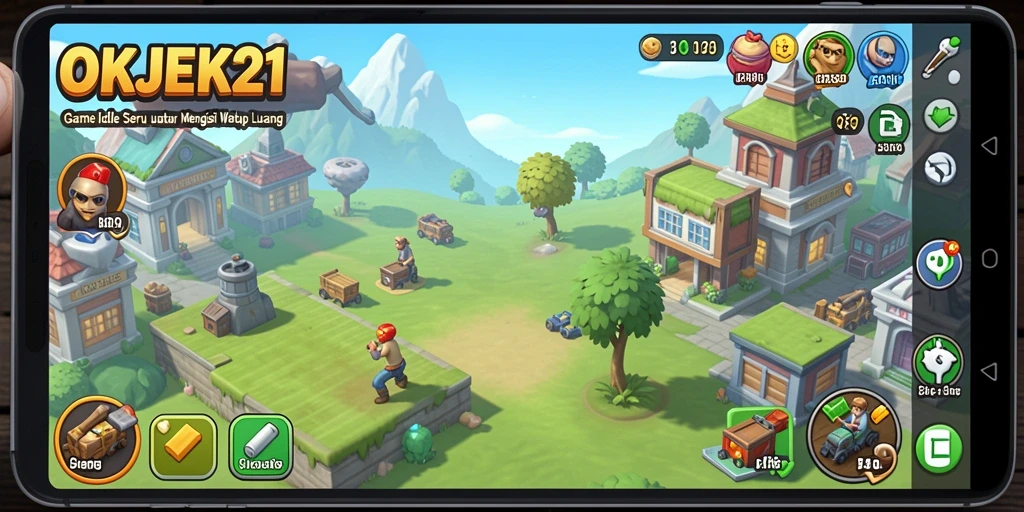 Screenshot utama dari gameplay OKJEK21 yang menampilkan manajemen armada ojek.