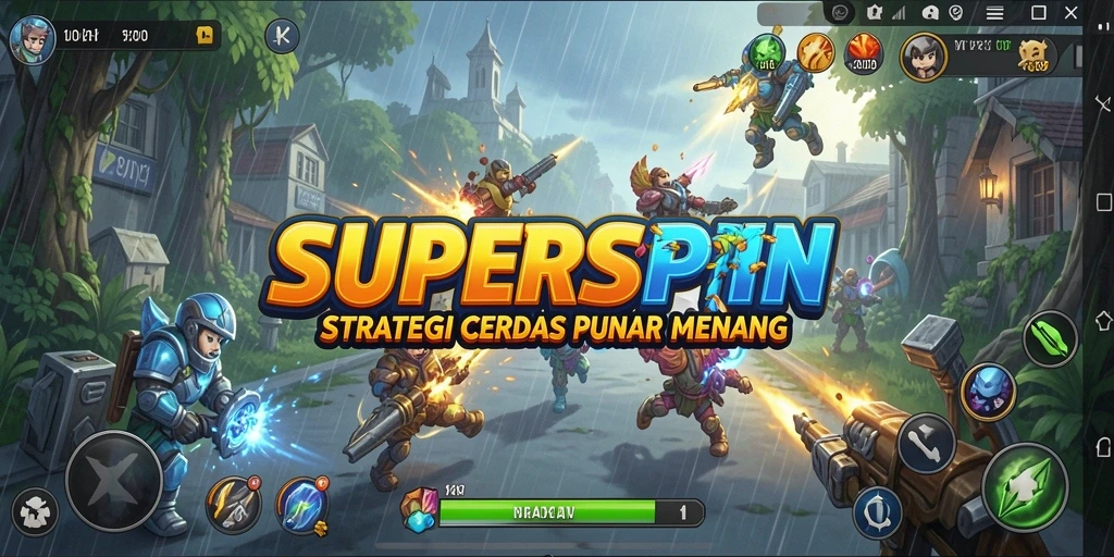 Screenshot utama SUPERSPIN menampilkan pemain merancang strategi cerdas.